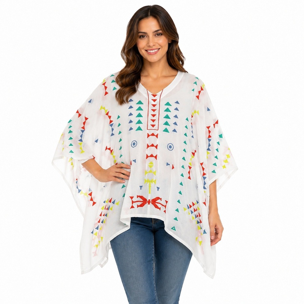 APNY Poncho Top Womens One Size White Multi Color Geometric Embroidered V-Neck